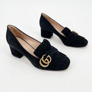 Gucci Marmont Black Suede GG Logo Kiltie Fringe Block Heel Loafer Pumps EU 37